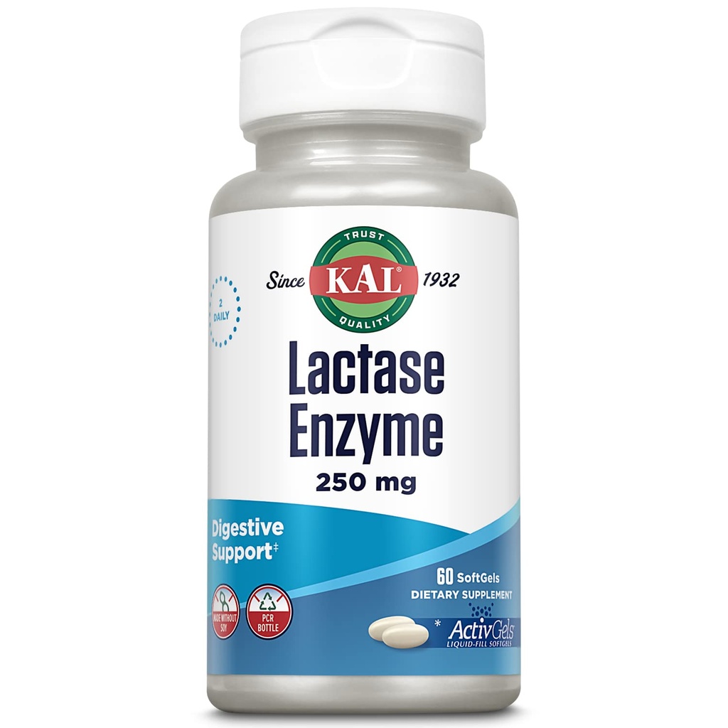KAL Lactase Enzyme 250 mg, Supporto di digestione sana per l'intolleranza al lattosio, Attivazioni liquide fatte senza soia, 250 unità FCC, 30 Serve, 60 SoftGels