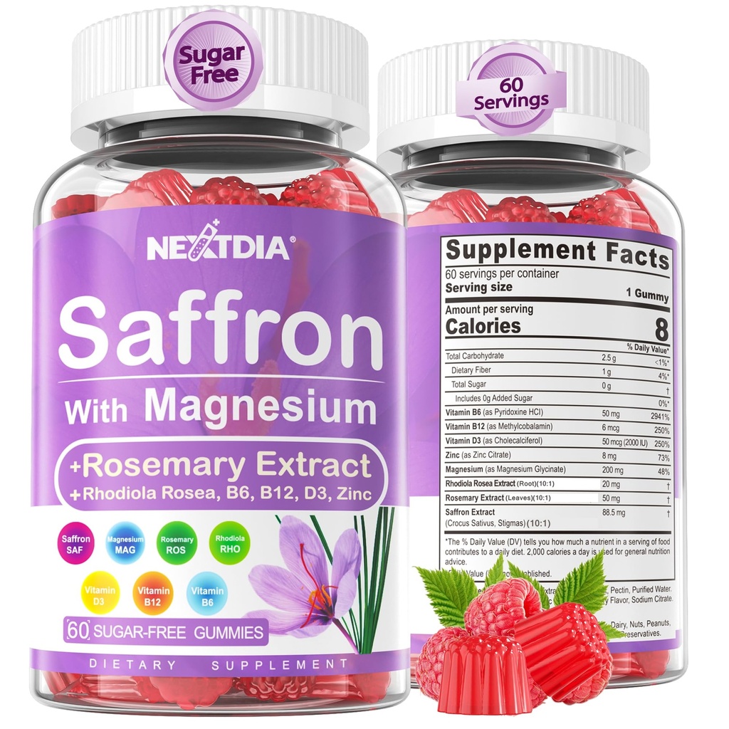 Zafferano con Magnesio Glycinate Gummies, 2 Mesi di Alimentazione -Sugar Magnesio Libero 400/200mg w/Saffron,Rhodiola,Rosemary, B6,B12,D3 per S-leep, Calma,Focus, Relax, Nerve, Melatonin