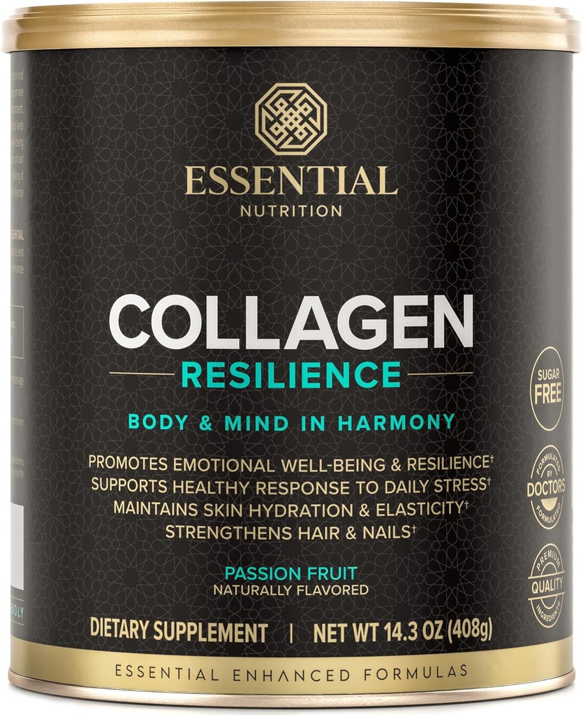 Essential Nutrition Collagen Resilience - Polvere di peptidi di collagene idrolizzato con acido ialuronico, silicio, aminoacidi e estratto di fiore della passione - frutto della passione - 14,3 oz (30 Serve)