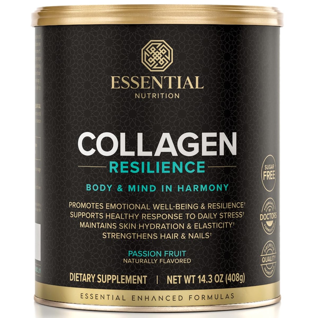 Essential Nutrition Collagen Resilience - Polvere di peptidi di collagene idrolizzato con acido ialuronico, silicio, aminoacidi e estratto di fiore della passione - frutto della passione - 14,3 oz (30 Serve)