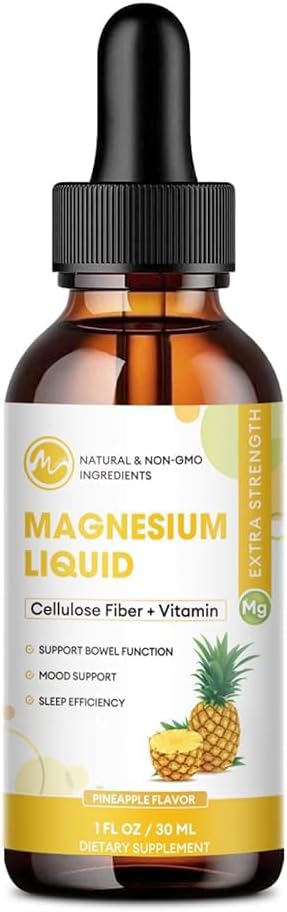 M pollice Magnesio Glycinate Liquido, Alto assorbimento Magnesio Gocce liquide con fibra di cellulosa, Bromelain, Vitamina B6, C, D, Zinco, Magnesio Supplemento per bambini e adulti, Sapore di ananas, 1 Confezione