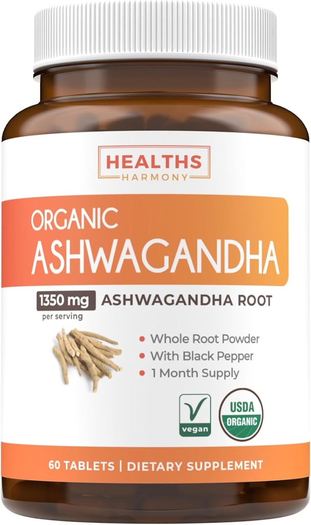 USDA Organic Ashwagandha Supplemento - Pillole Ashwagandha ad alta potenza realizzate con pepe nero organico per l'assorbimento potenziato - Vegan Non-OGM Made in USA & Lab Verified (1 Mesi di alimentazione)