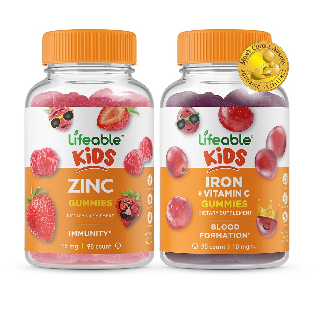 Bambini di zinco vitali + ferro e vitamina C bambini, gommoni Bundle - Grande degustazione, supplemento di vitamina, senza glutine, OGM libero, pancia masticabile