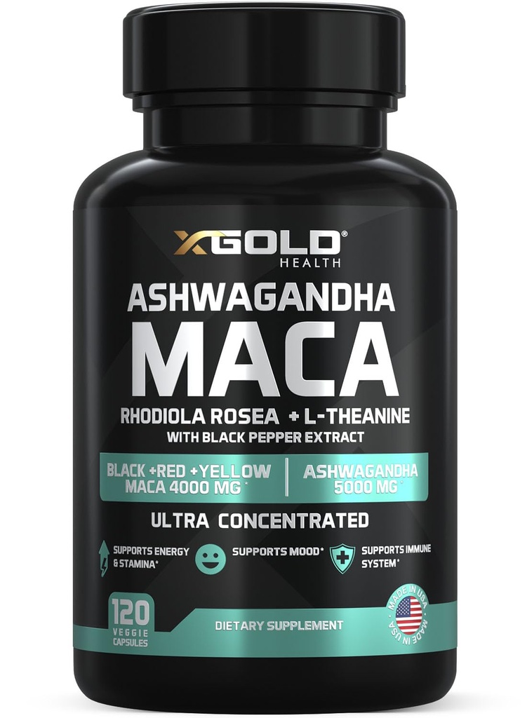 Ashwagandha 5000mg + Maca Root Nero, Rosso, Giallo 4.000mg, Rhodiola & L-teanina: 30:1 Estrarre Ashwagandha Capsule, 20:1 Estratto Maca Root Capsule - Supplemento per Uomini e Donne