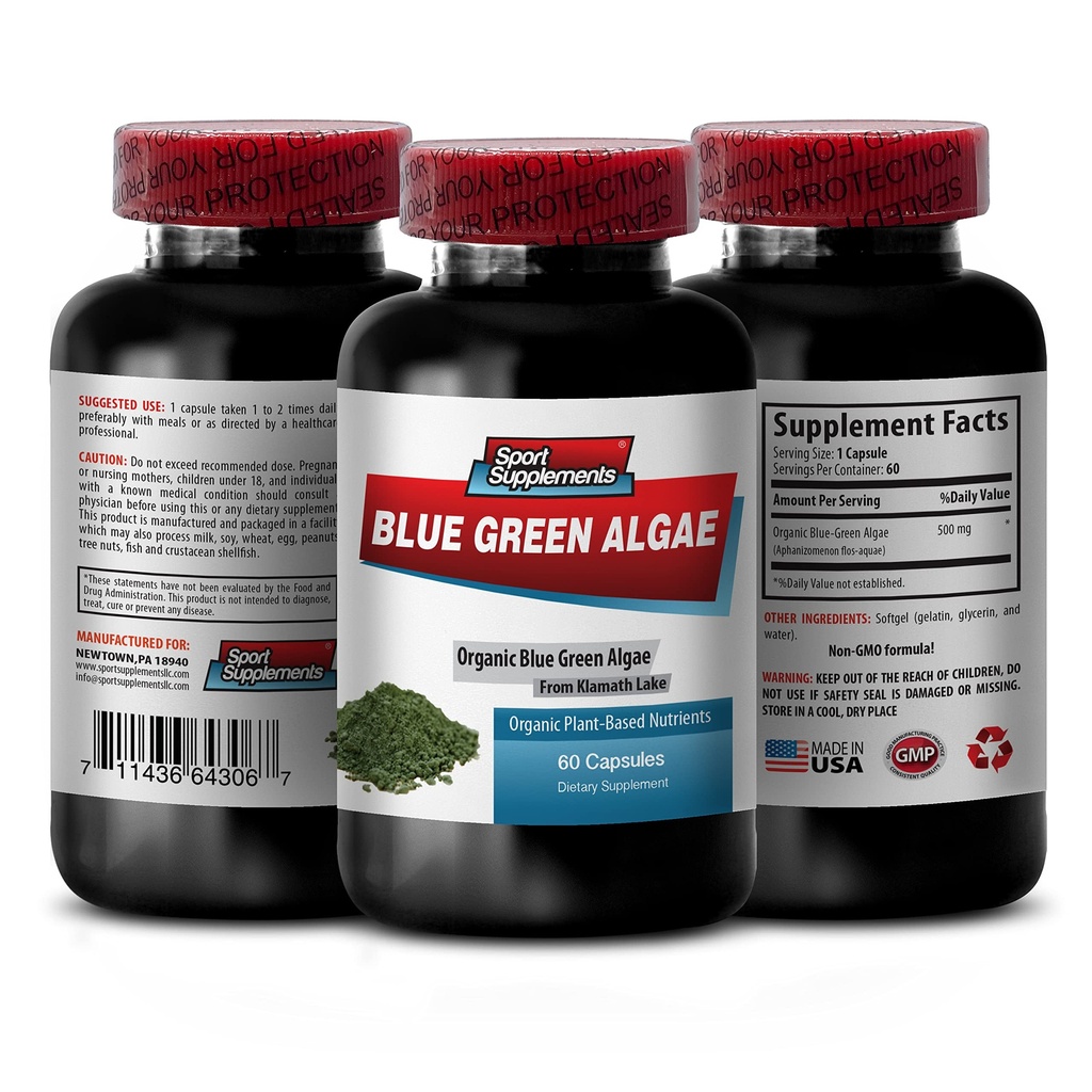 Pure Herbal Supplement - Klamath Blue Green Algae 500mg - Aumentare i livelli di energia, migliorare la digestione e migliorare il sistema immunitario, Spirulina, clorella, Klamath Blue Green Algae Powder - 1B 60 capsule