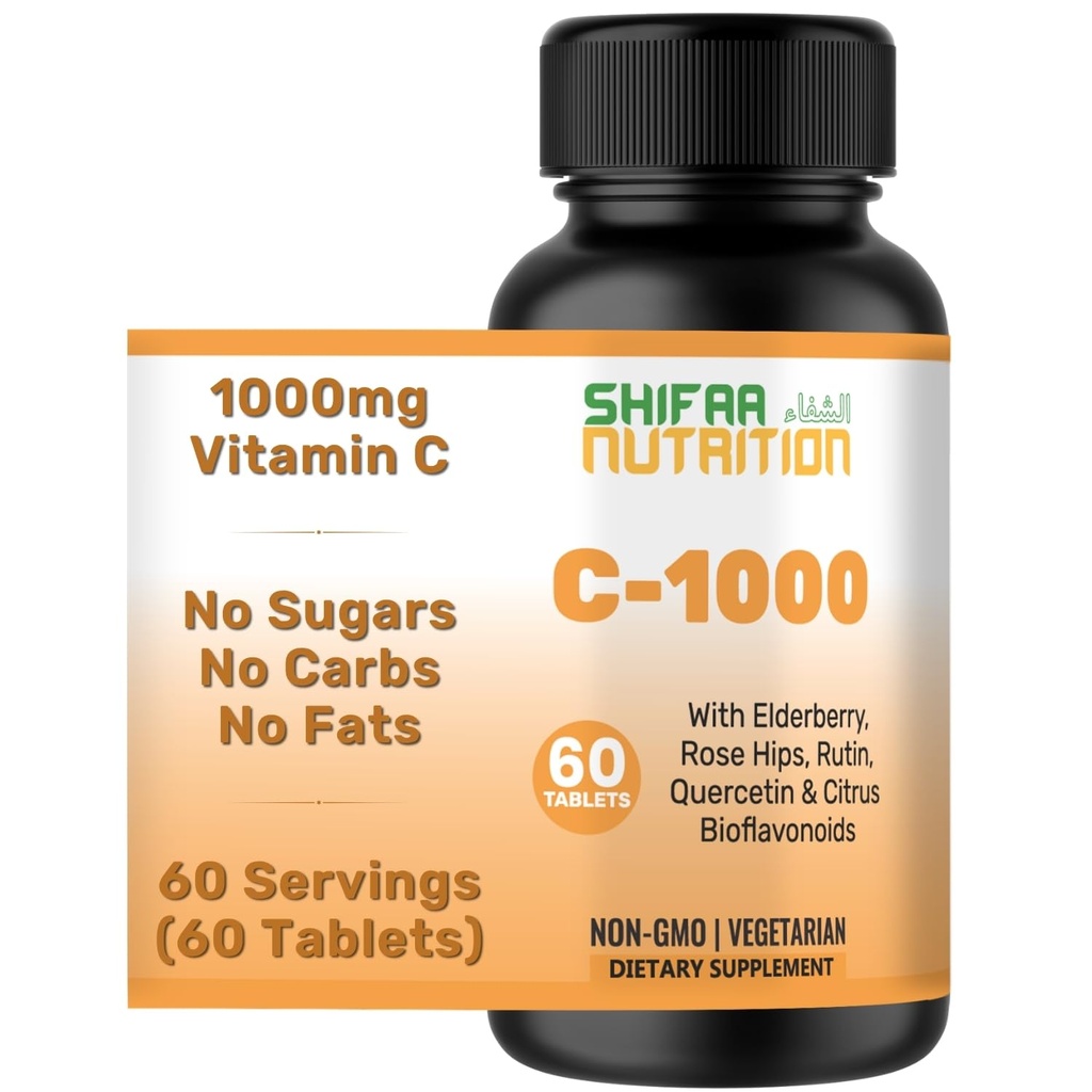 SHIFAA NUTRITION Vitamina Halal C-1000mg compresse, 60 giorni di alimentazione. Integratore di supporto immunitario con vitamina C, Elderberry, Quercetin, Rose HIPS & Rutin. Vegetariano, Non OGM, Sugar Free & Keto Friendly