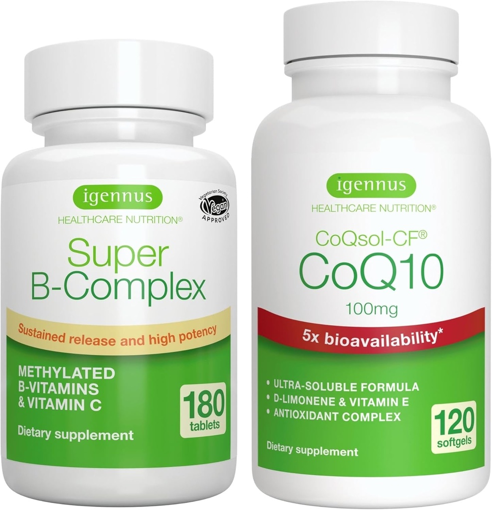 Super B-Complex 180 compresse + alto assorbimento CoQ10 100mg 120 Softgels Energy Bundle, Methylated Sustained Release B Complex + CoQ10 con vitamina E & D-Limonene, di Igennus