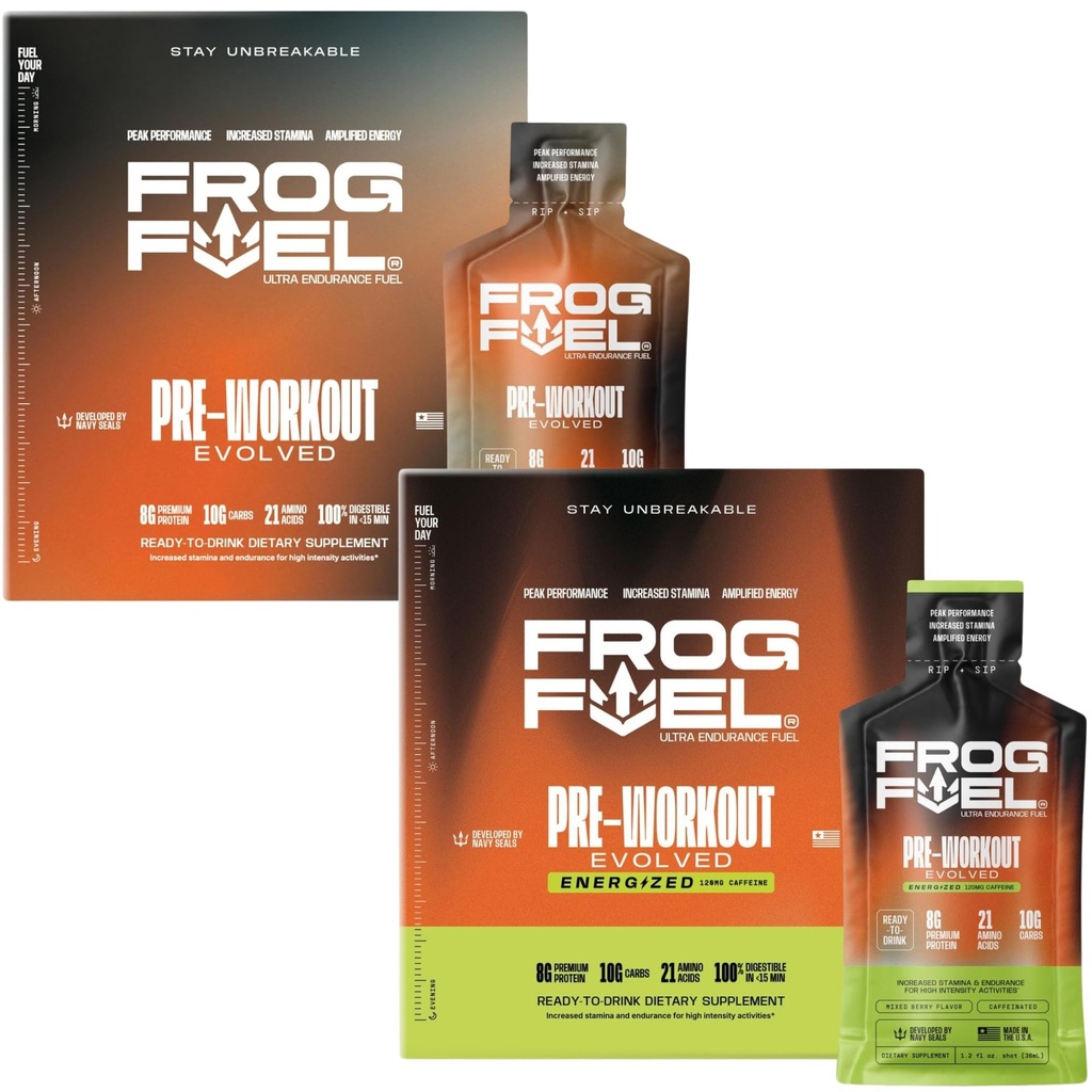 Frog Fuel Ultra & Ultra Energized Pre Workout Shot Bundle con 1500mg Beta Alanine, Electrolytes 8g Protein Nano-Hydrolyzed Grass Fed Collagen, 10g Carbs, Berry, 1,2 oz Packets, 48 Pack