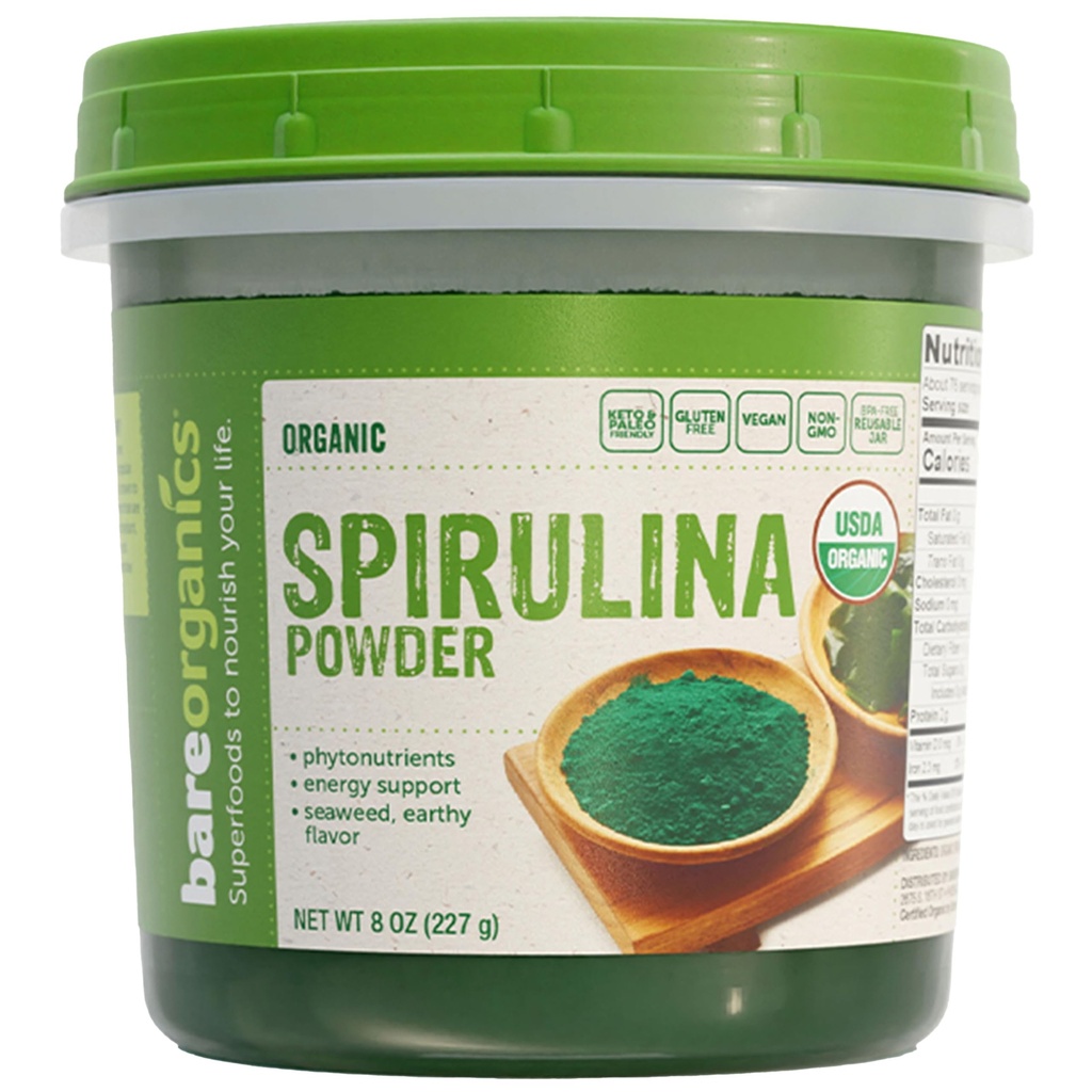 BareOrganics Spirulina Powder - Organic Superfood Powder - Vegan, Non-GMO, Gluten-Free - High Protein, Antioxidant-Rich for Smoothies, Juices, Shakes & Daily Wellness, 8 Oz