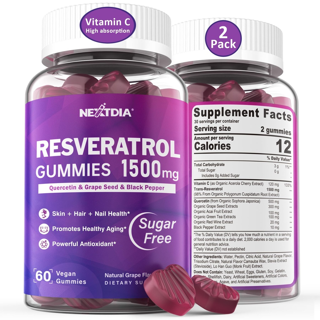 Resveratrolo Supplemento 1500mg - Resveratrolo Gummies Supporta NAD+, NMN & NMNH Synergy, con Quercetina, Seme di Uva, Acai Berries Extracts for Antioxidant, Aging sano e longevità, Pelle, Cervello - 2Pcs