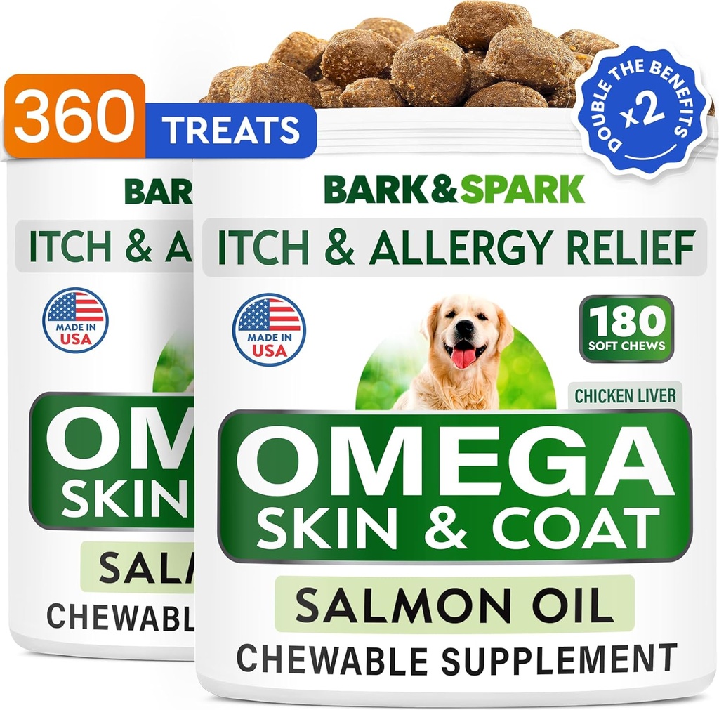 BARK&SPARK (Pack of 2 Omega 3 for Dogs - 360 Fish Oil Chews for Dog Shedding, Skin Allergy, Itch Relief, Hot Spots Treatment - Joint Health - Skin & Coat Supplement - EPA&DHA Acidi grassi