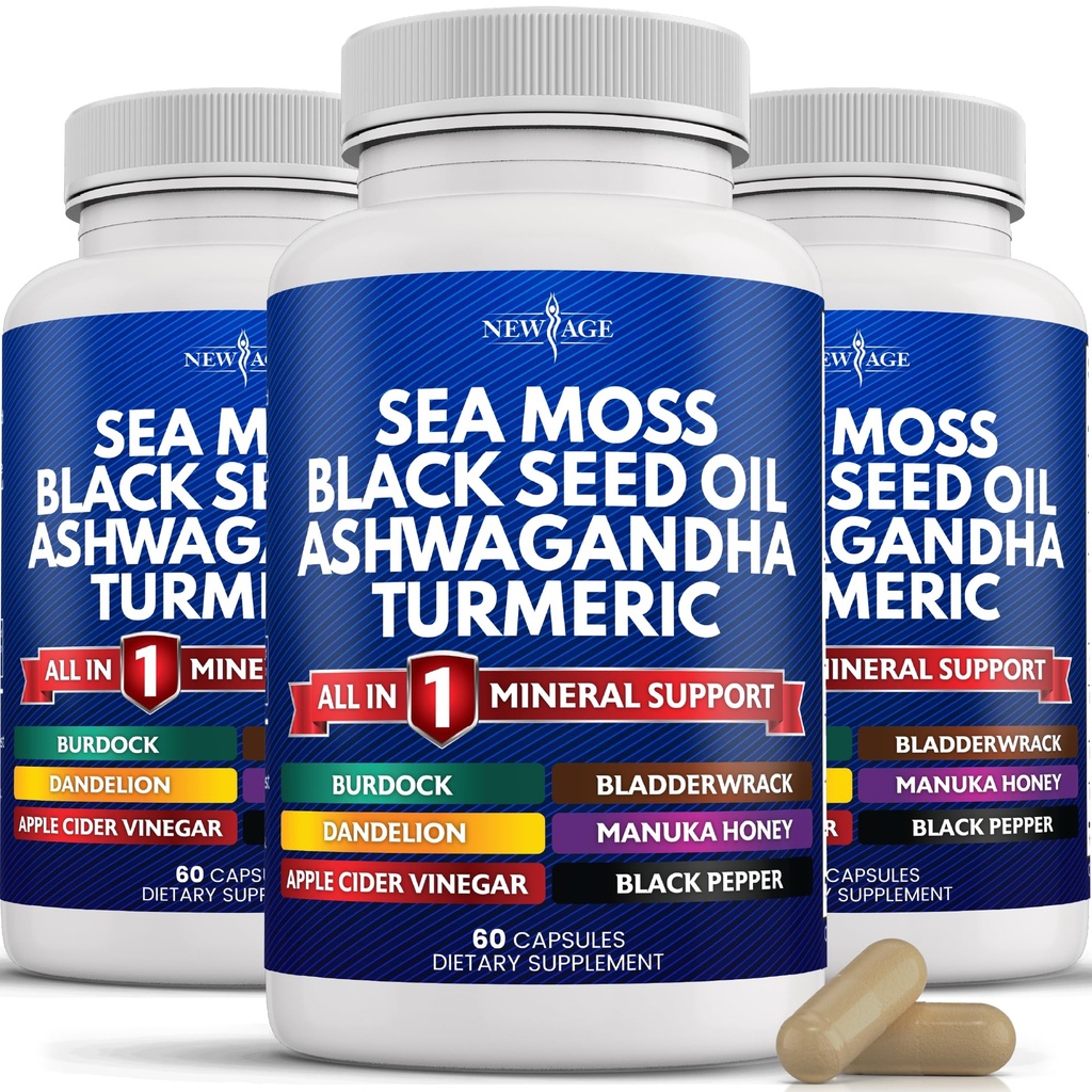 New AGE Silica Sea Moss, Nero Olio di semi, Ashwagandha, Turmerico, Bladderwrack, Burdock - con Manuka, Miele Dandelion, ACV Black Pepper Gluten Free