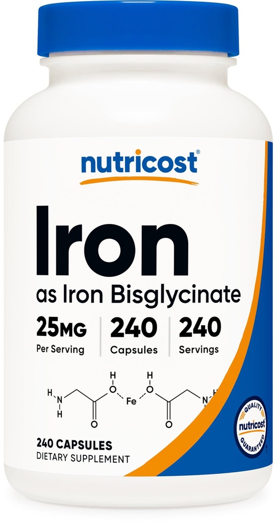 Nutricost Iron Bisglycinate Supplement (25mg) 240 Capsule - da Ferrous Bisglycinate Chelate - Non-GMO & Gluten-Free