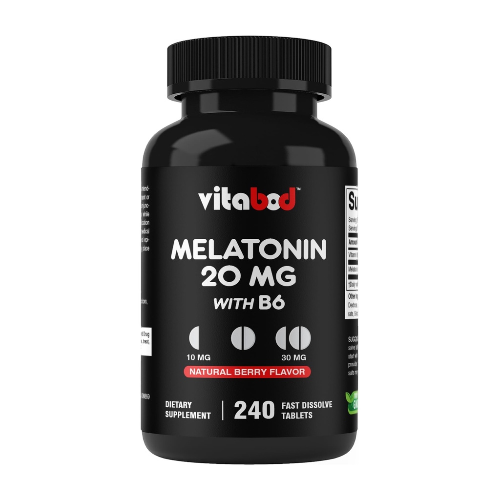 Vitabod Melatonin 20 mg - 240 compresse di dissolve veloci - Droga Free - Natural Berry Flavor - Vegetariano, Non OGM, Gluten Free 240 Count (Pack of 1) (240 Count (Pack of 1))
