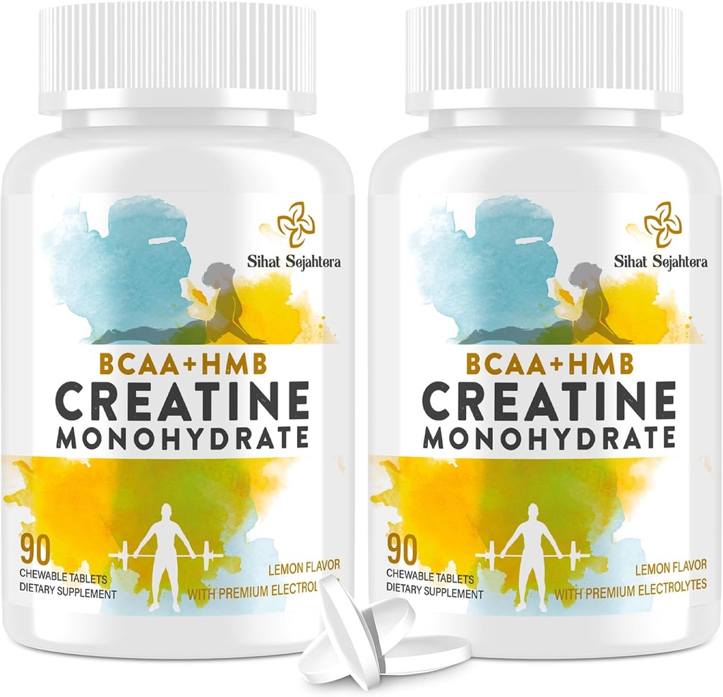 8-in-1 Monoidrato di creatina con BCAA & HMB, 5000 mg per gli uomini e le donne, Creatina chews per il muscolo, recupero, resistenza e resistenza, alto assorbimento, aroma di limone, senza zucchero, 180 compresse