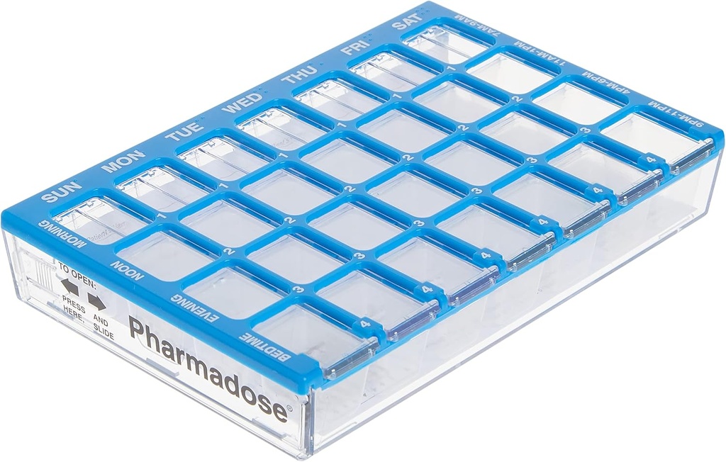 Ezy Dose Settimanale (7-Giorni) Caso di pillola, Medico Planner, Vitamin Organizer Box, Piccoli scomparti con Easy Fill Vay, 4 volte al giorno, Chiavi, Colore May Vary, BPA Free