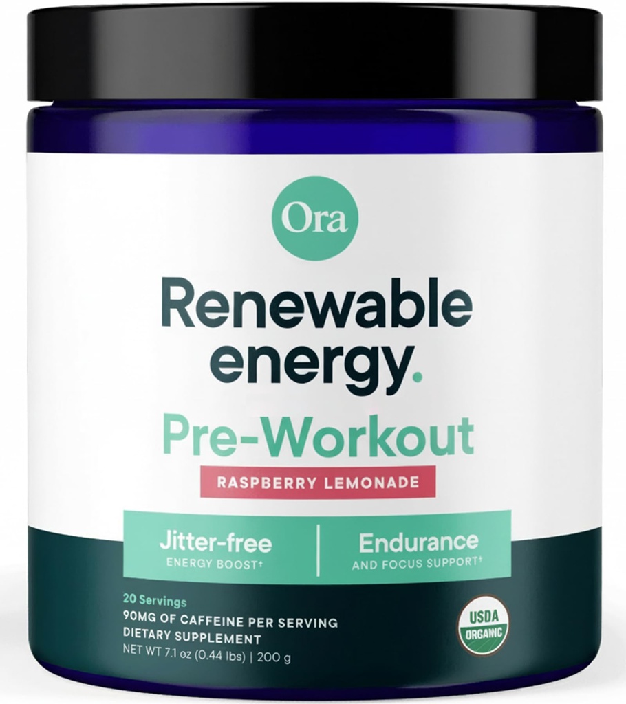 Ora Organic Natural Pre Workout Powder - Raspberry Lemonade Flavor- Fornisce Jitter Free Energy, Focus, Hydration, & Endurance - Vegan, Certified Organic, Soy, Dairy, & Gluten Free, 20 Servings
