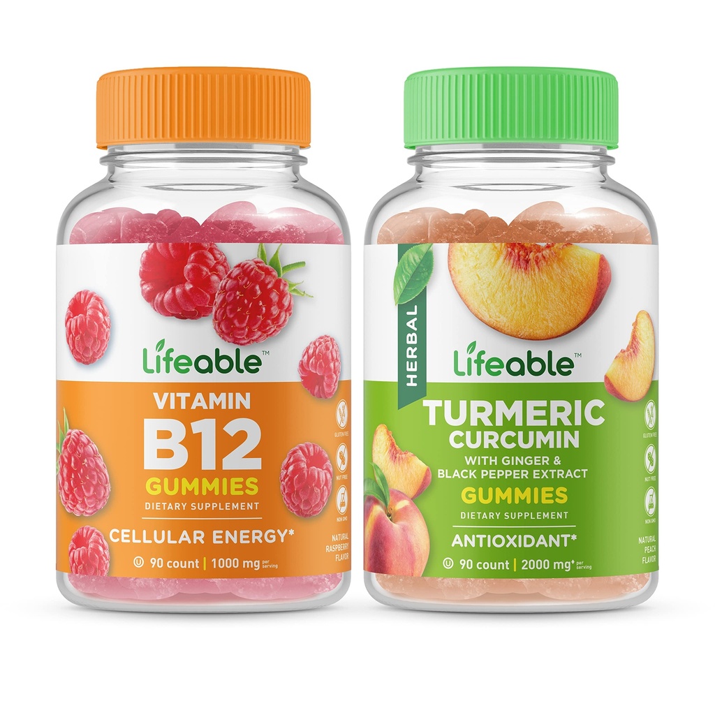 Vitamina di vita B12 + Curcumina di curcuma, Gummies Bundle - Grande Degustazione, Supplemento di vitamina, Senza glutine, OGM libero, Masticabile