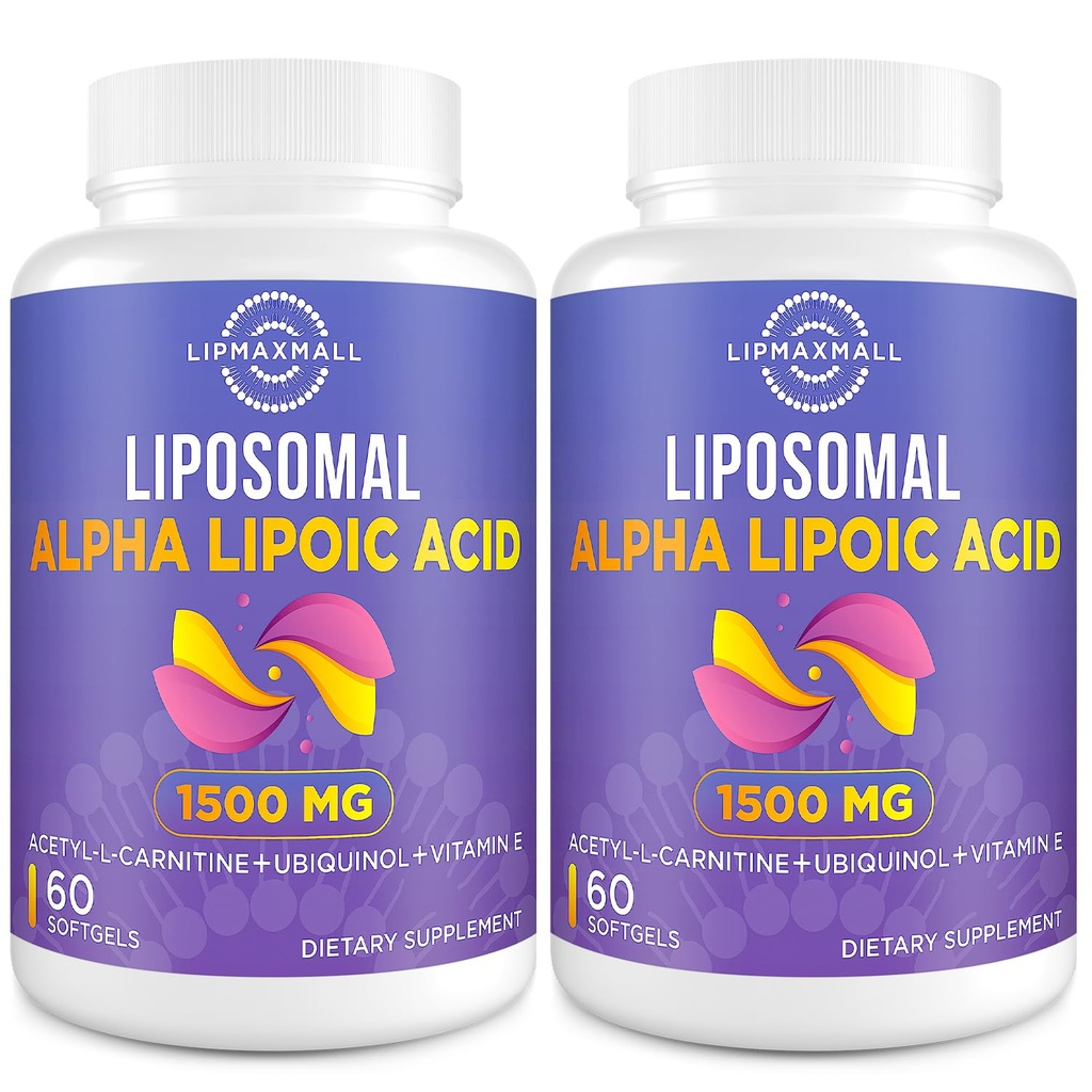 Acido Liposomico Alfa 1500mg - con Acetil-L-Carnitina 900mg & Ubiquinol 100mg & Vitamina E 15mg, Integratore ALA per Antiossidanti Metabolismo Nerve Energy,60 Softgels (2 Bottiglia)