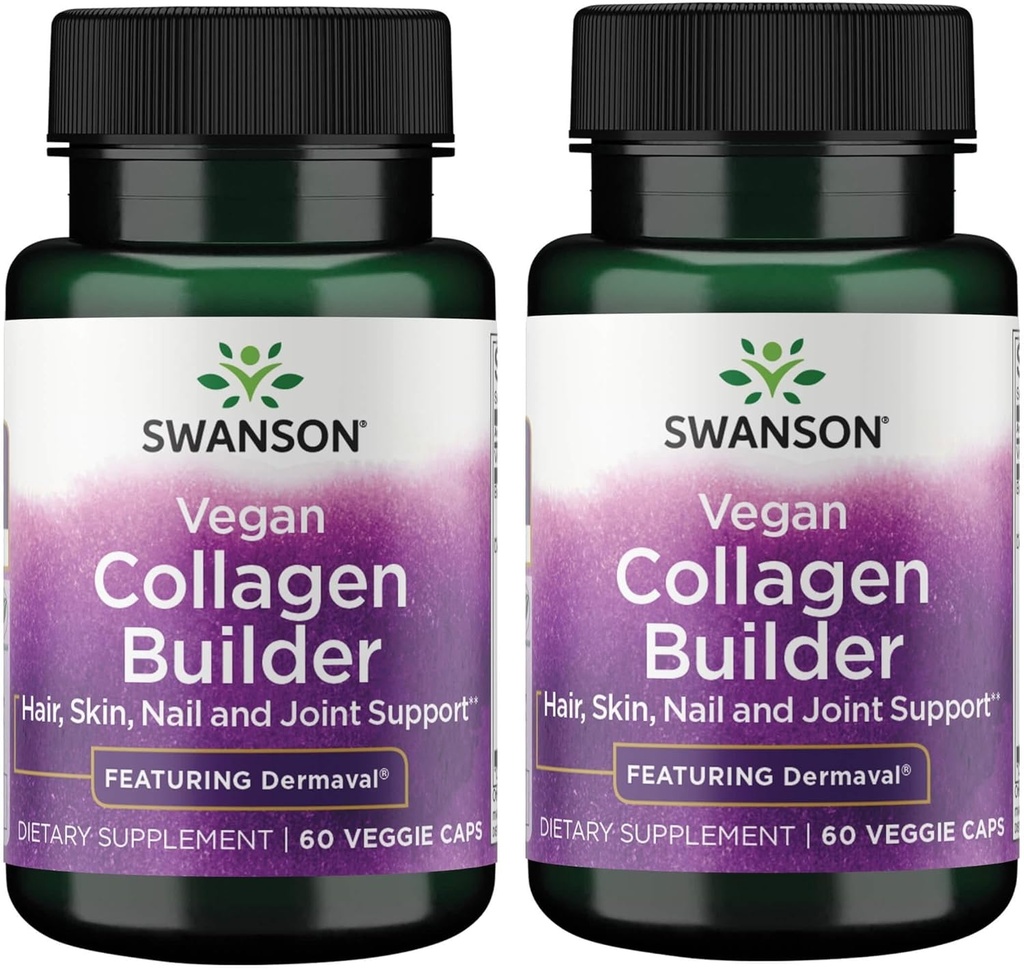 Swanson Vegan Collagen Builder - Con Dermaval - Capelli, Pelle, Nail Health - 60 Tappi di Veg (2 Confezione)