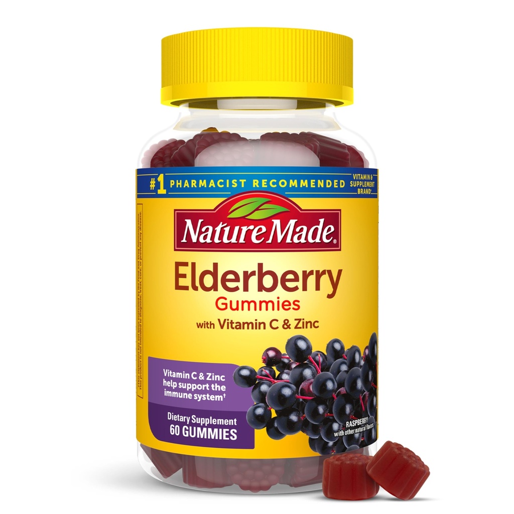 Natura fatta Elderberry con vitamina C e zinco, Supplemento dietetico per il supporto immunitario, 60 Gummie di sambuco, 30 giorni di alimentazione