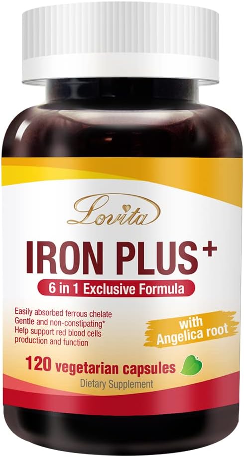 Lovita Iron 18 mg, 6 in 1 supplemento di ferro per le donne, vitamina C, Dong Quai & B12, vitamina Vegan per sostenere la produzione di globuli rossi senza costipazione, 120 capsule
