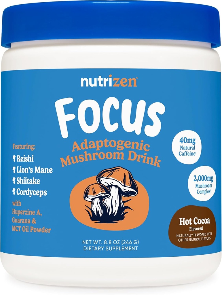 Nutricost Nutrizen AM Focus Adaptogenic Mushroom Drink (Hot Cocoa Flavored) 30 Serve - Include Reishi, Lion's Mane, Shiitake, Cordyceps