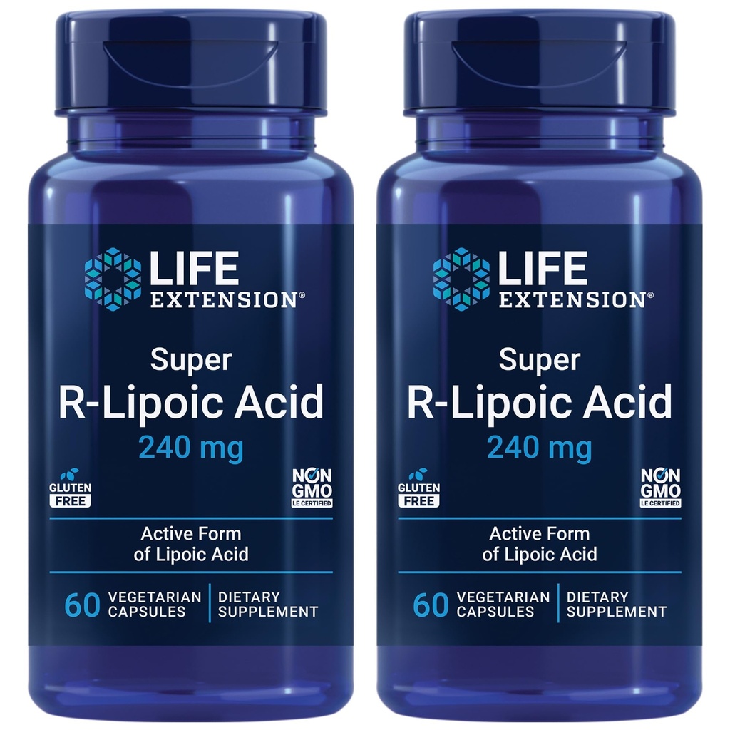 Estensione di vita Super R-Lipoic Acid – Aging sano, difesa di stress ossidativo – con 240 mg di R-Form attivo di acido R-Lipoico – senza glutine – Non-GMO – Vegetariano – 60 capsule (2 Pack)