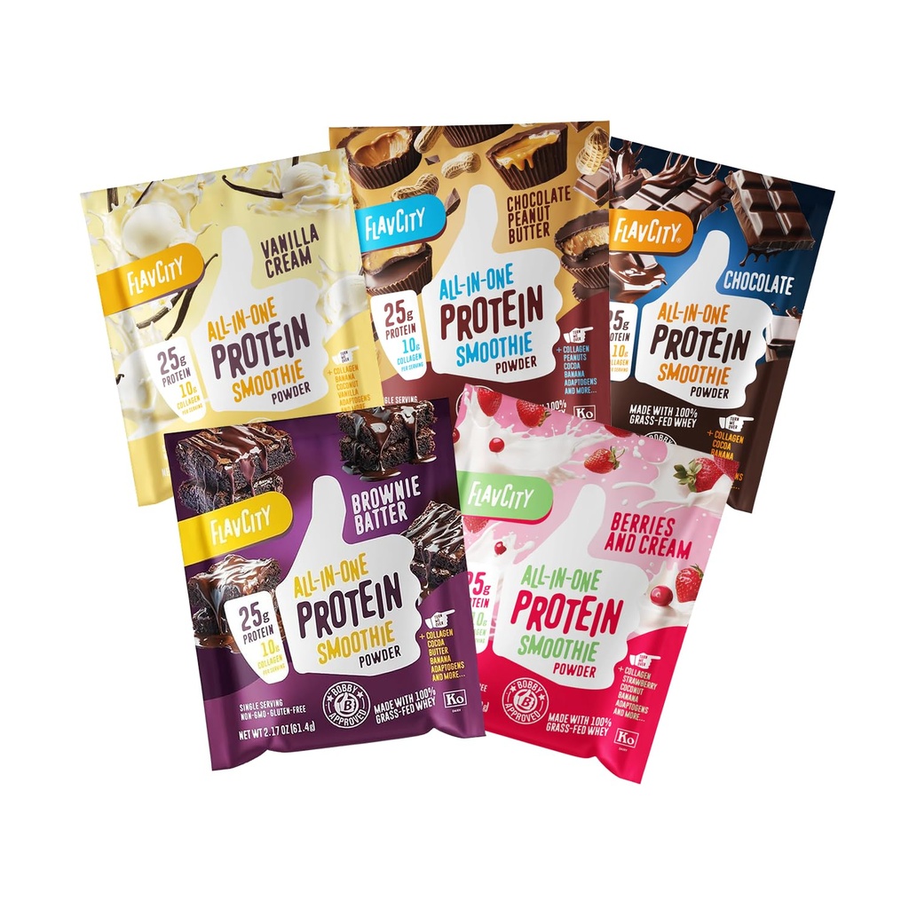 FlavCity All in One Protein Shake Powder Packets - On the Go Meal Alternative + 25g Protein & 10g Collagen, Realizzato con Organic Reishi & Cordyceps Mushrooms - No Aggiunto Zuccheri, Varietà 10 Pack