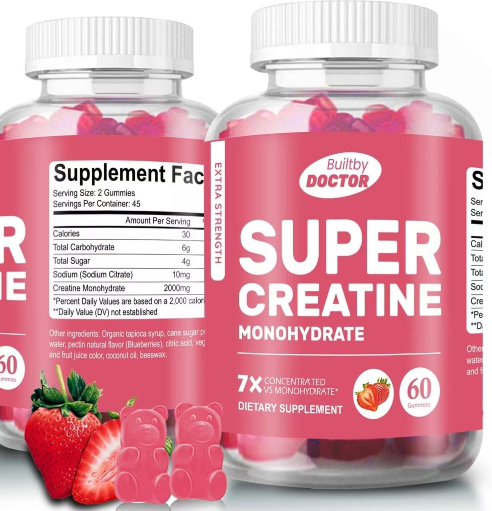 Super Creatina Monoidrato Gummies per uomini e donne, senza zucchero, 30 Serve, 5g di Creatina Per Serving, Vegan, senza glutine, Bodybuilding Recovery Supplement per aumentare la dimensione del muscolo e la forza