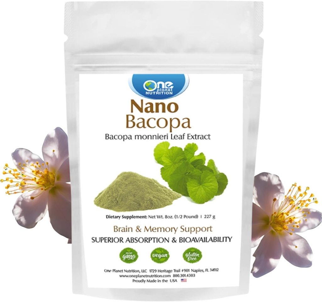 One Planet Nutrition Nano Bacopa Powder 8 oz (227 Serve), Bacopa monnieri Extract, Nano per un facile assorbimento, Migliora Memoria & Focus, Excipient-Free, Non OGM, Vegan, Gluten-Free