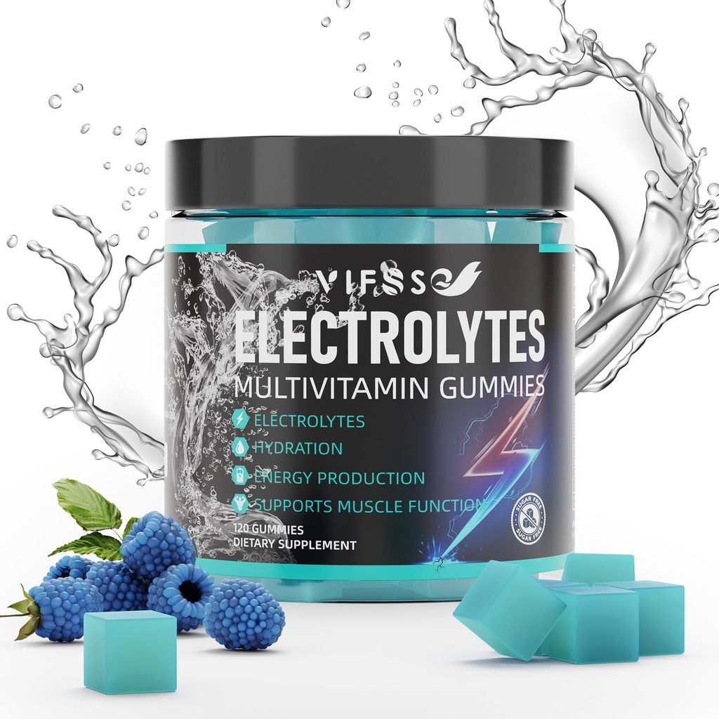 Elettroliti Gummies No Zucchero, 120 Chewable Electrolyte Gummies con 6 elettroliti per Runners e Endurance Sports, rinfrescante Blue Raspberry, Idratazione Electrolyte Chews, 1 Pack