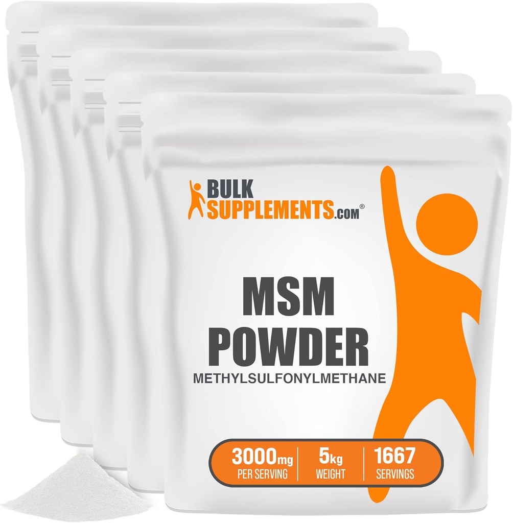 BulkSupplements.com MSM Powder - Methylsulfonylmethane, MSM Supplement - MSM Pure Powder, MSM 3000mg - per la salute comune, senza glutine, 3000mg per porzione, 5kg (11 lbs) (Pack of 5)