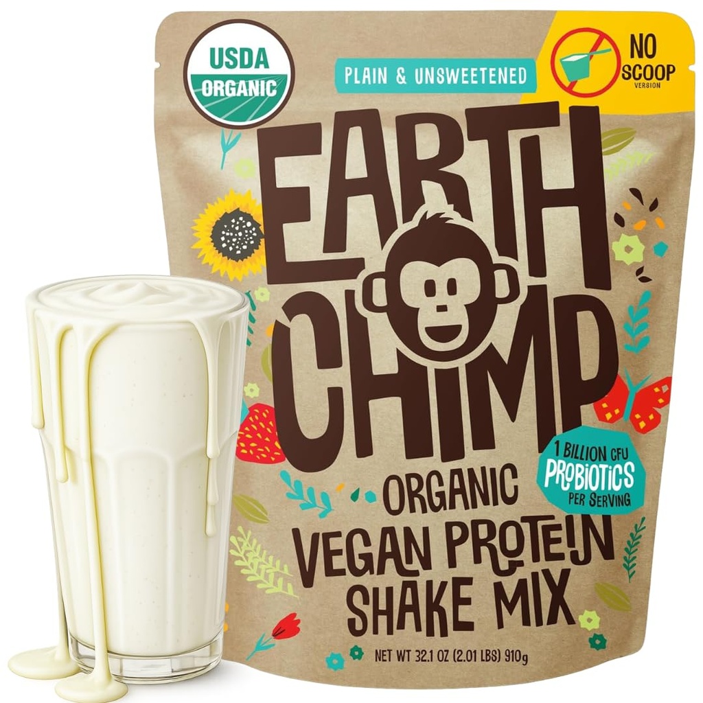 TerraChimp Organic Vegan Protein Powder - con Probiotici - Non OGM, Dairy Free, Non Whey, Plant Based Protein Powder per Donne e Uomini, Gluten Free - 26 Servings 32 Oz (Plain & Unsweetened) No Scoop