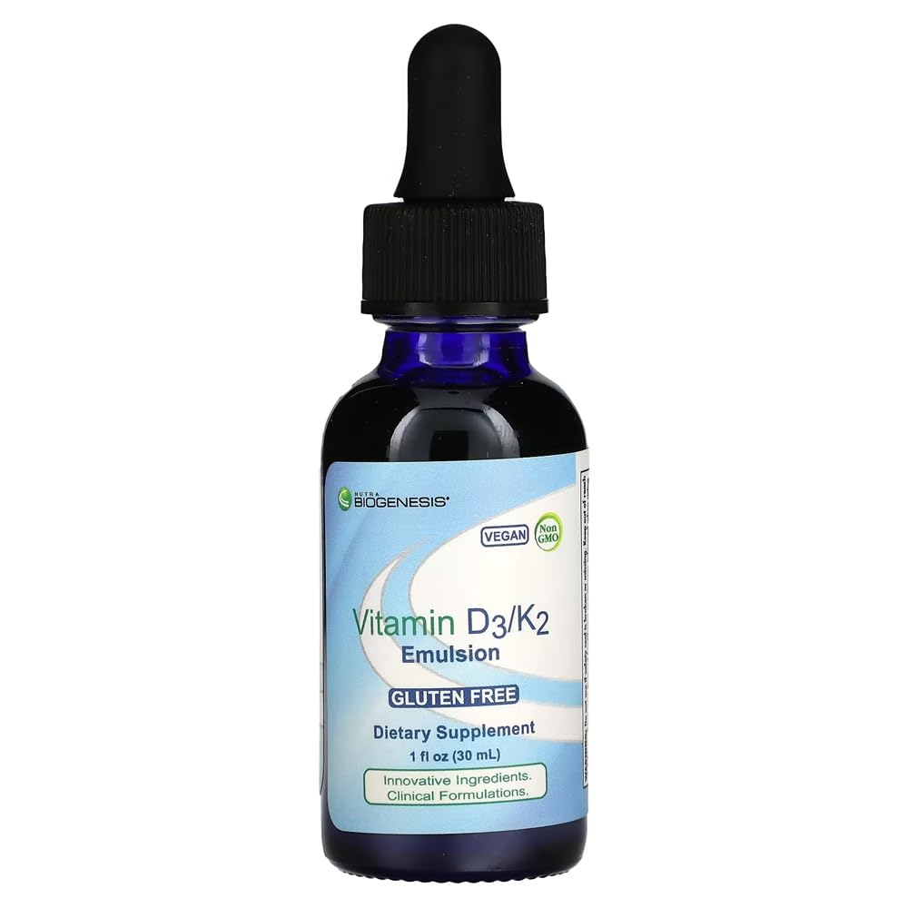 Nutra Biogenesis Vitamina D3/K2 Emulsione - Liquid Vitamina D Gocce con olio MCT, D3 K2 Supplemento per adulti e bambini, Sublingual Oil Dropper per donne e uomini - 1 Fl Oz Bottiglia (30 ml)