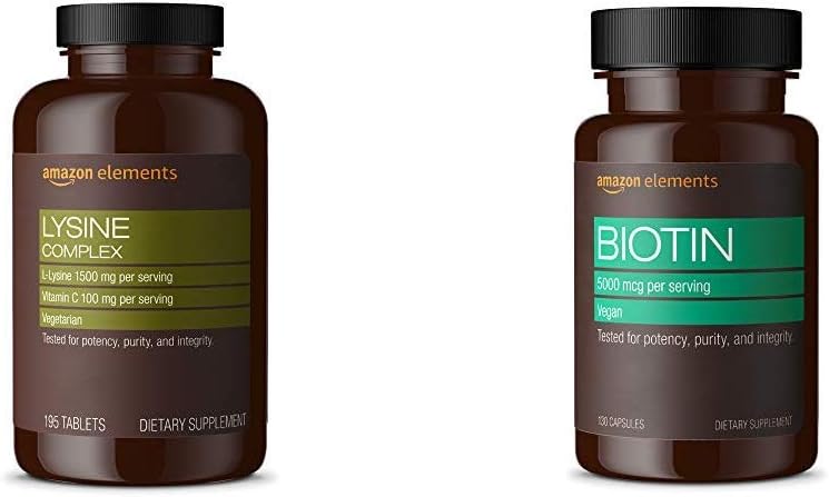 Elementi Lysine Complex con Vitamina C (1500 mg L-Lysine con 100 mg di vitamina C per porzione - 3 compresse), Supporta la Salute Immune, Vegetariano, 195 Conte (Packaging può variare) e Elementi Vegan Biotin 5000 mcg - Capelli, Pelle, Unghie, 130 Capsule (4 mesi di fornitura) (Packaging può variare)