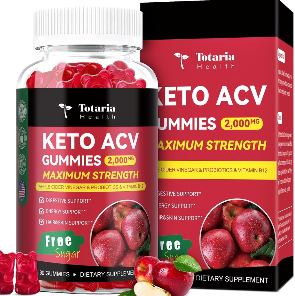 Totaria Keto ACV Gummies - 2000mg Aceto di sidro di mele Gummies Sostegno senza zucchero Statura Salute con Probiotici, B12, Keto Supplementi per donne & uomini, 60 conti