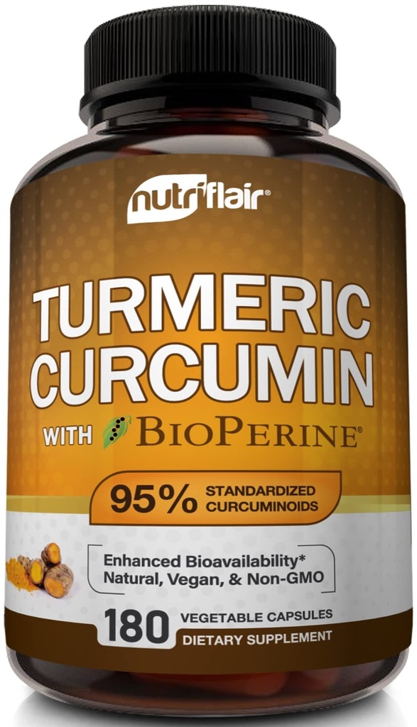 NutriFlair curcuma erboristica con BioPerine - 1300mg, 180 capsule - 95% Estratto di supplemento curcuminoidi standardizzato con pepe nero per assorbimento ottimale - 180 capsule