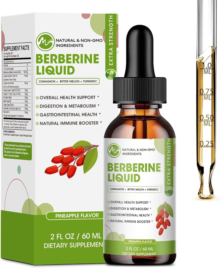 Integratore di Berberina Gocce Liquide, Berberina con Ceylon Cinnamon, Turmerico, Resveratrolo, Bitter Melon, & Più-Extra Forza Vegan Supplemento, Supporta Sistema Immune & Digestivo