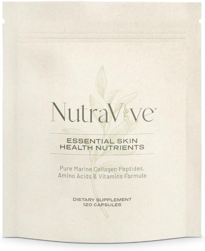 NutraVive Essential Skin Health Nutrients – Peptidi di collagene marino idrolizzati Morikol®, aminoacidi e vitamine - Promuovere lo Studio, Ridurre le rughe e migliorare l'elasticità della pelle - 120 capsule