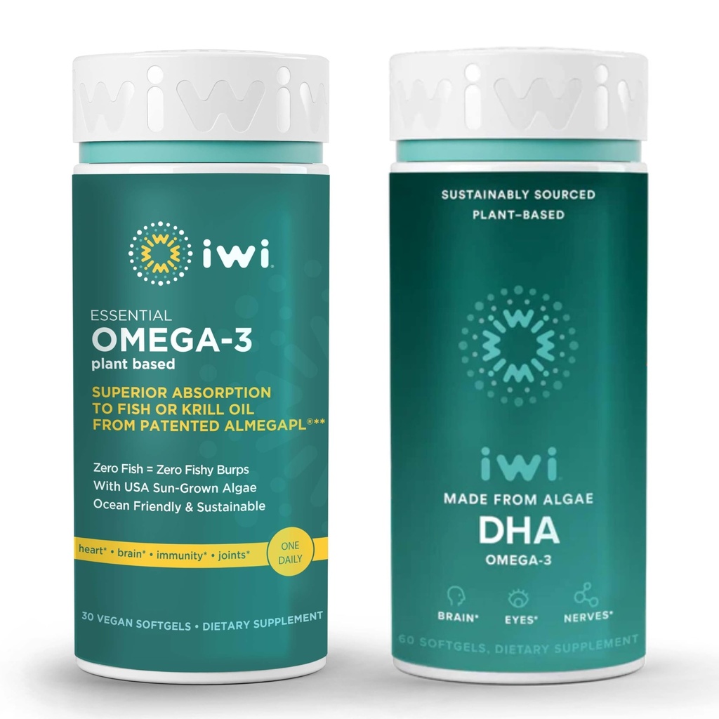 Iwi Omega-3 Essential & DHA Omega-3 Bundle, 30 Serve, Vegan pianta-Based Algae Omega 3, Krill & Fish Oil Alternative, No Fishy Aftertaste