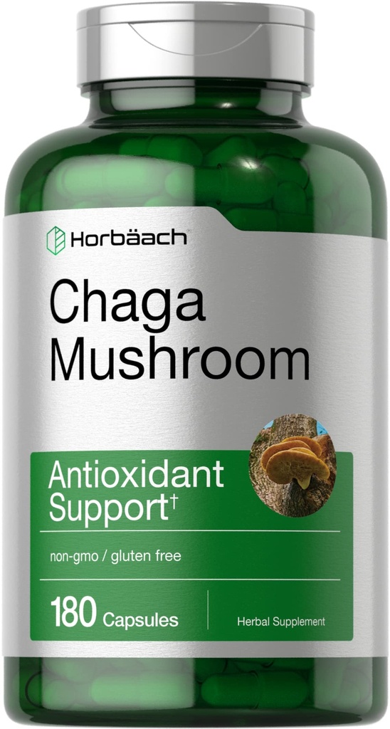 Horbäach Chaga Mushroom Capsule | 180 Count | Non OGM & Gluten Supplemento gratuito