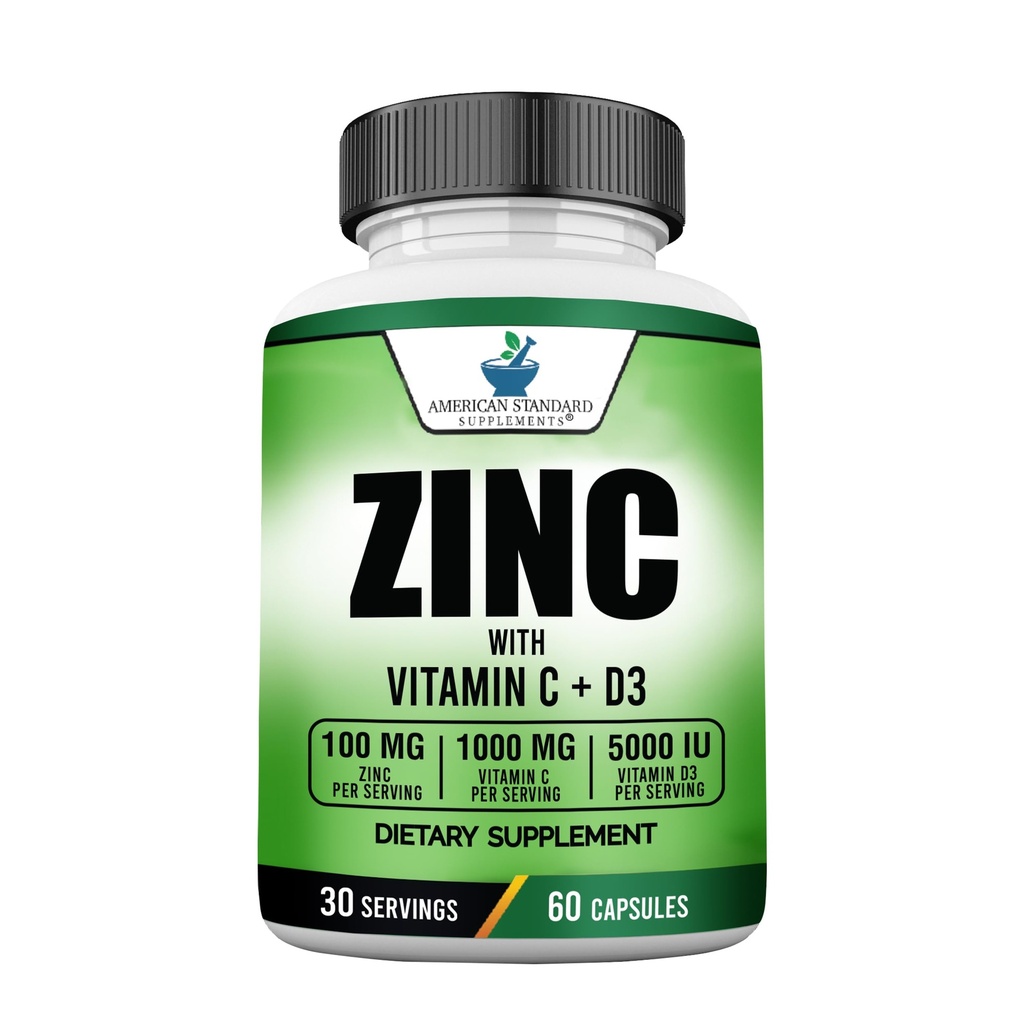 Integratori Standard Americani Zinc 100mg, Vitamina C 1000mg e Vitamina D3 5000 IU (125mcg) Per Serve - Gluten Free, Non OGM, 60 Capsule, 30 Serve