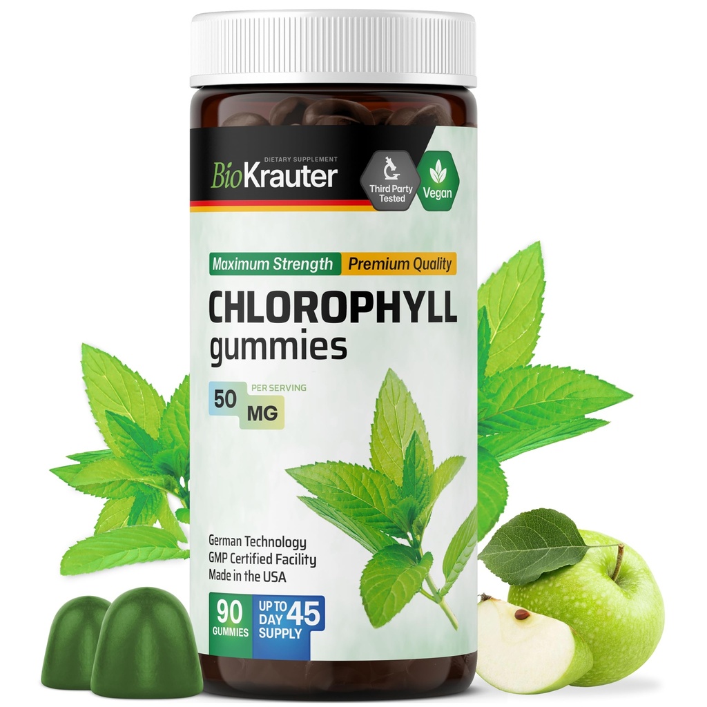 BIO KRAUTER Chlorophyll Gummies - 90 Chews - Supplementi clorofilla - Natural Skin & Detox Support - Vegan, Pectin Based, Non OGM Chews