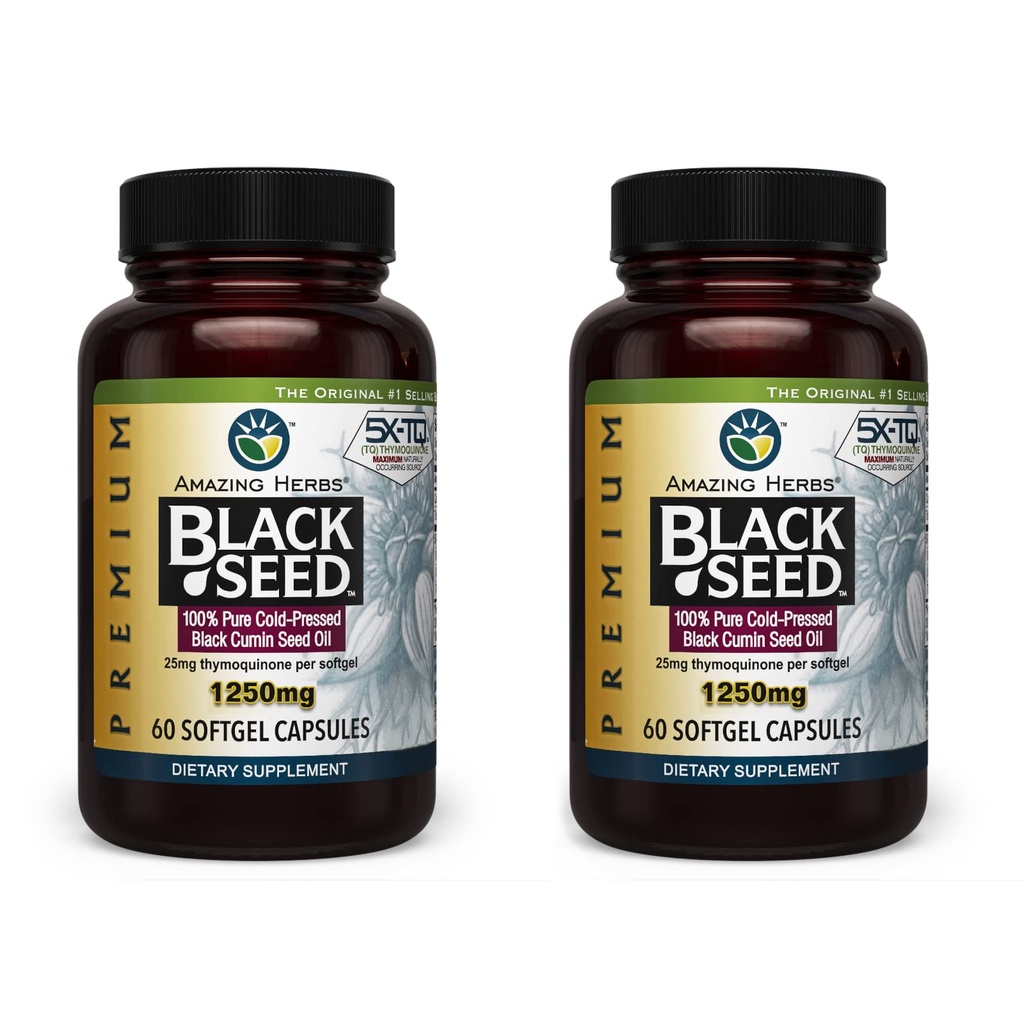 Sorprendente erbe Premium Black Seed Oil Capsule - Alta Potenza, Freddo Pressato Nigella Sativa Aids in Salute Digestiva, Supporto Immune & Brain Funzione - 60 Conte, 1250mg (Pack of 2)