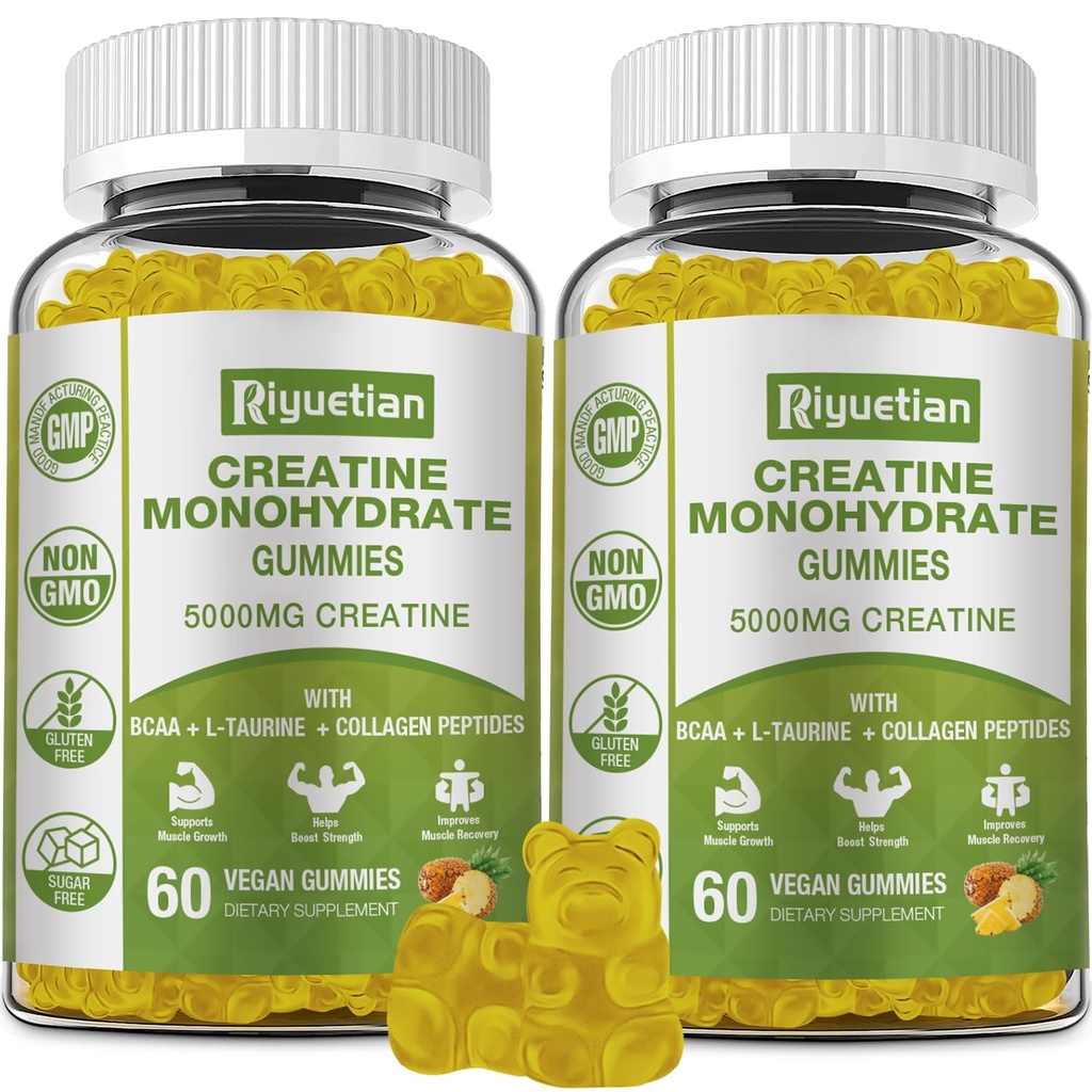 Creatina Monoidrato Gummies, Creatina per uomini e donne, Creatina masticabile per migliorare messa a fuoco e resistenza, 5g Creatina per porzione, Senza zucchero, 120 Conte