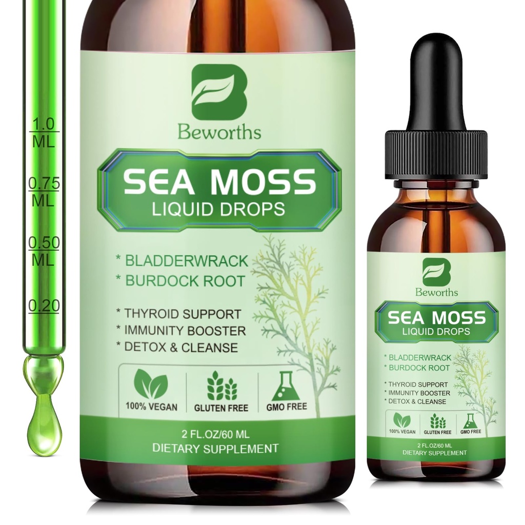 Gocce liquide del Moss del mare - Gel del Moss del Mar irlandese organico con Spirulina, Bladderwrack, Radice di Burdock, Seamoss Gel Supplemento per il supporto giunto, Detox Cleanse & Digestion Support - 2 Fl Oz, Vegan