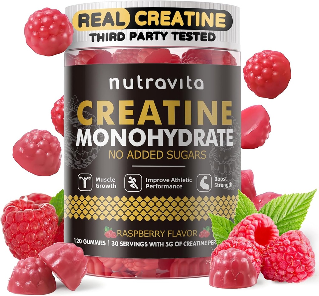 Nutravita Creatina Monoidrato Gummies per Uomini e Donne-5g di Creatina Monoidrato per Serve - Sugar Free,Vegan, Raspberry Flavor, 120 Conte