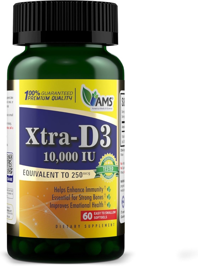 America Medic & Science Xtra D3 Vitamina D 10.000 IU (250 mcg) Integratore di colecalifero per gli uomini e le donne (60 Facile da ingoiare Softgels) Migliore per Bone, Salute del cuore, Supporto di sistema immunitario, Funzione polmonare