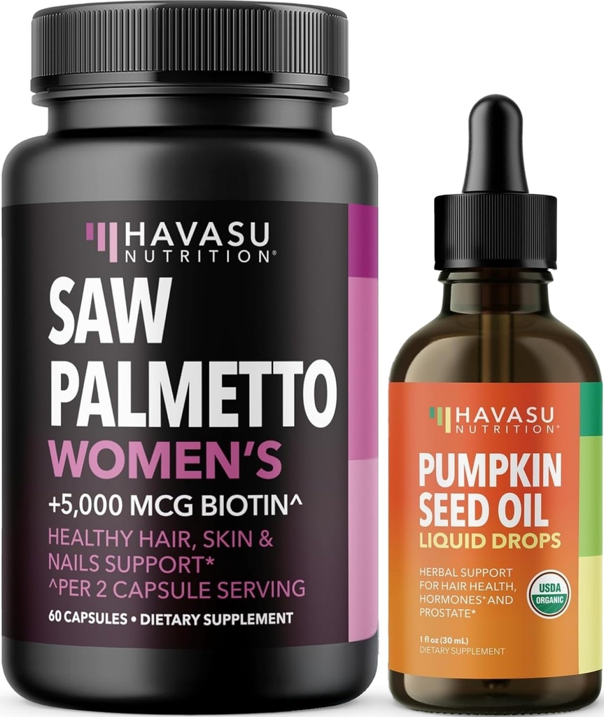 HAVASU NUTRITION USDA Gocce di olio di semi di zucca organiche (60 Serve) & Saw Palmetto per le donne Hair Complex (30 Serve)